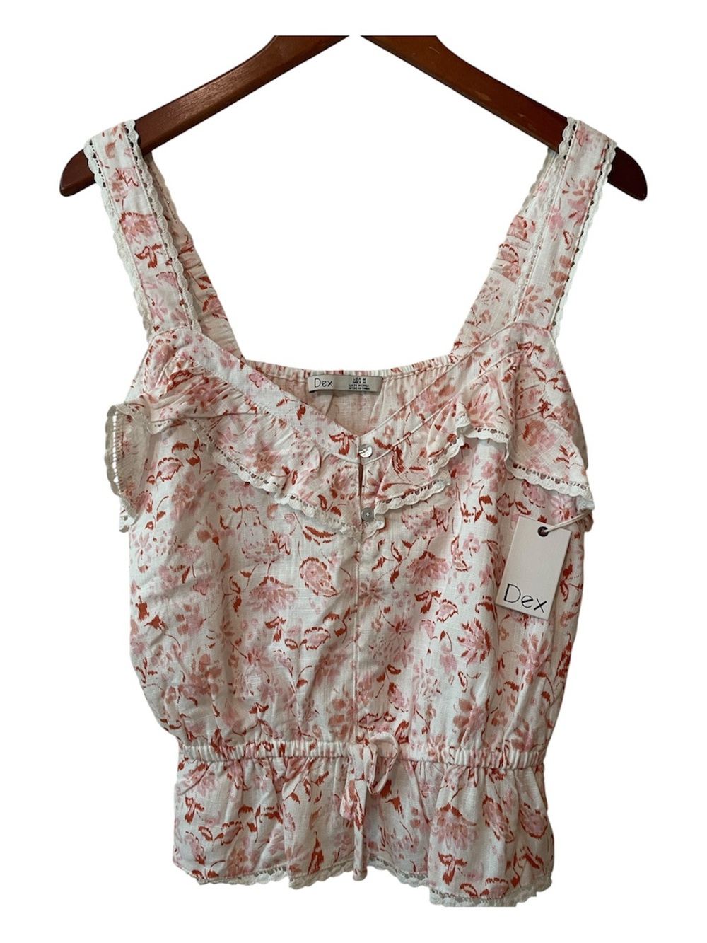 Cottagecore Dex White Tank Top with Dusty Rose Floral Print